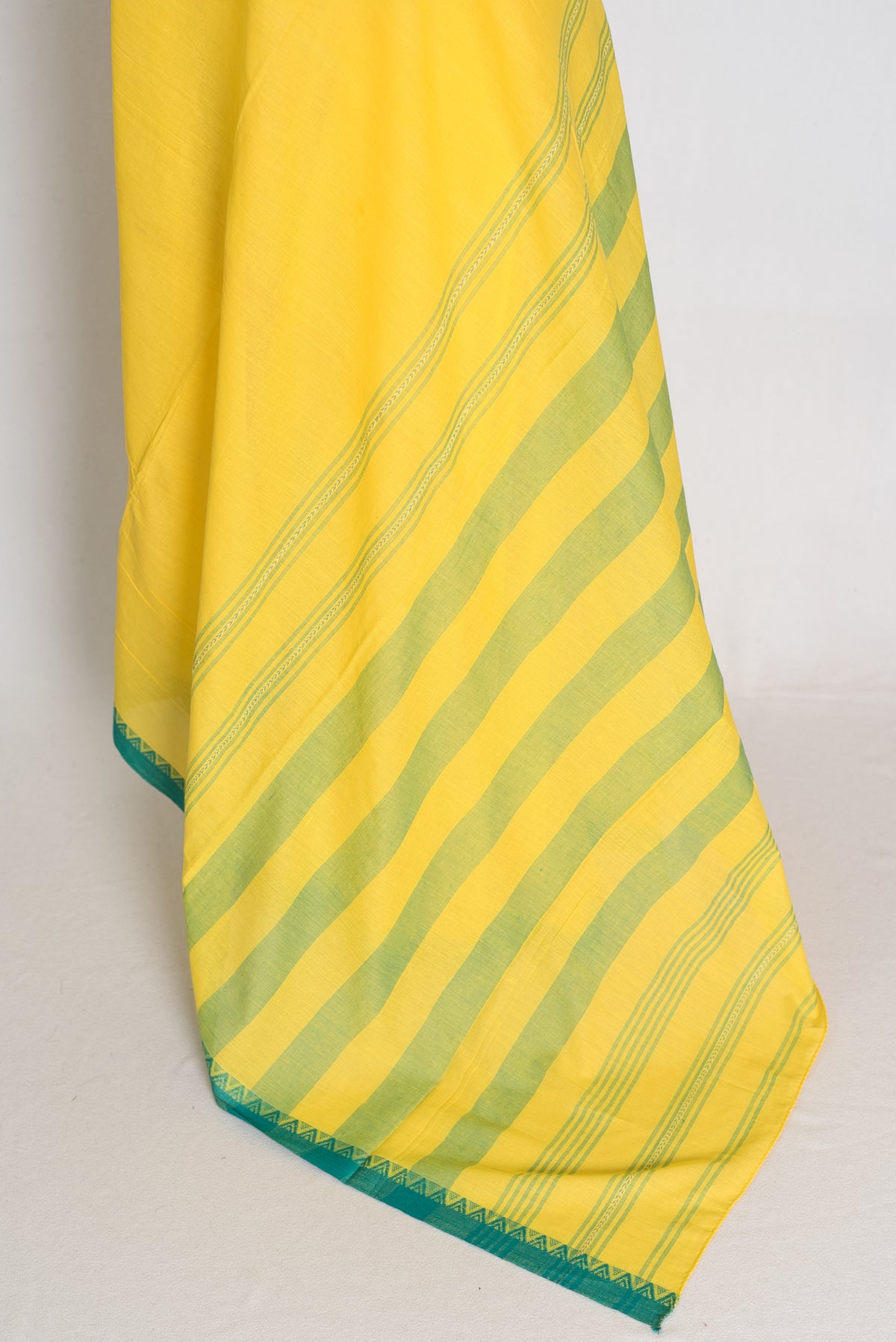 Bright Yellow and Green Dhaniakhali saree — detail view