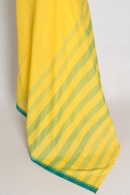 Bright Yellow and Green Dhaniakhali saree — detail view