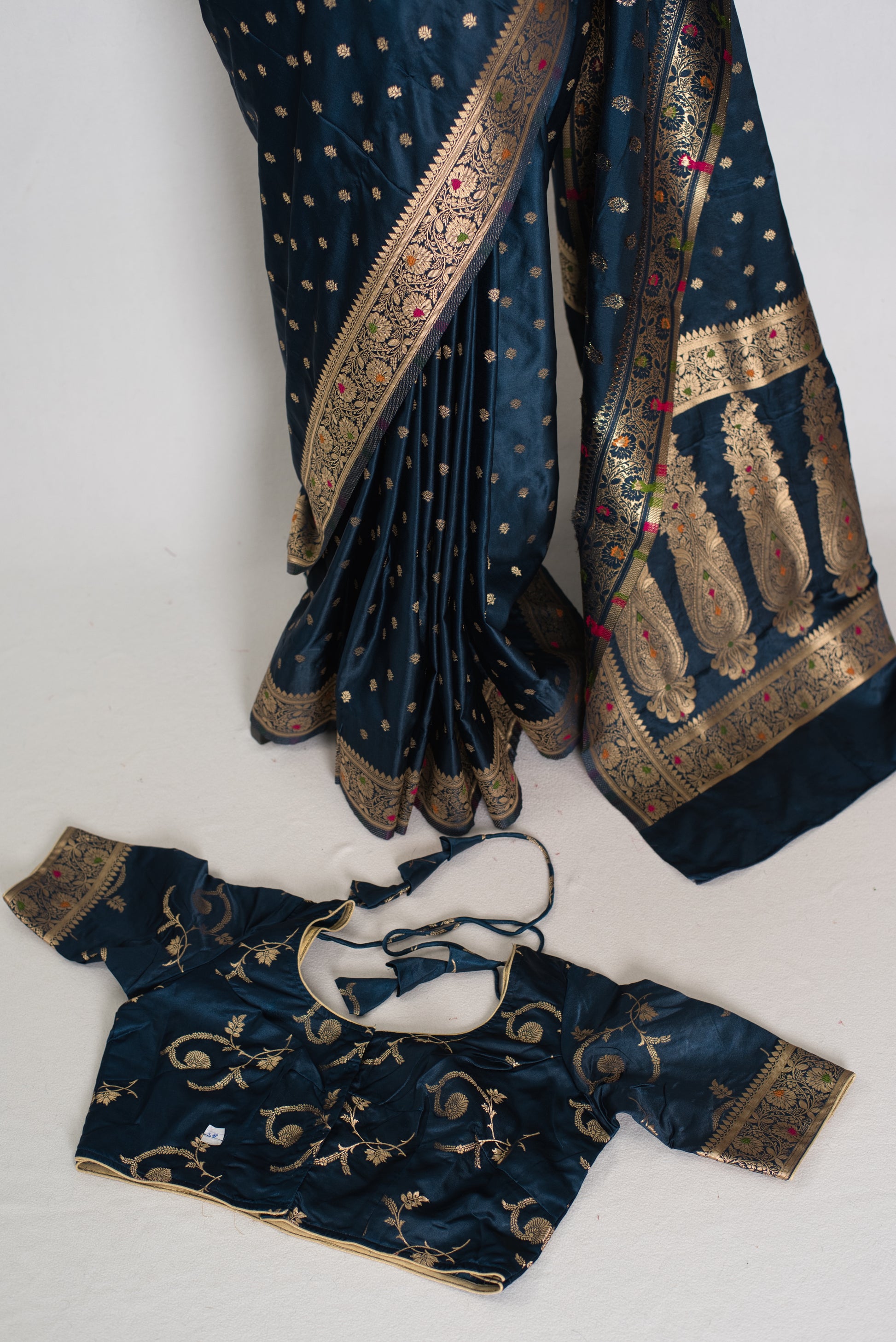 Nayan | Midnight Blue Semi Mashru Banarasi Saree | Pre-Stitched Size 38 Blouse image 1