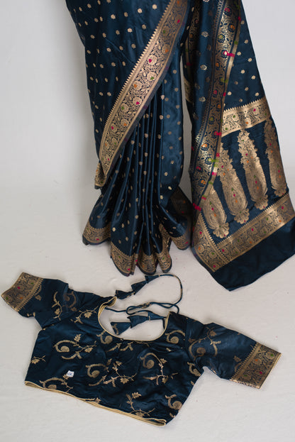 Nayan | Midnight Blue Semi Mashru Banarasi Saree | Pre-Stitched Size 38 Blouse image 1