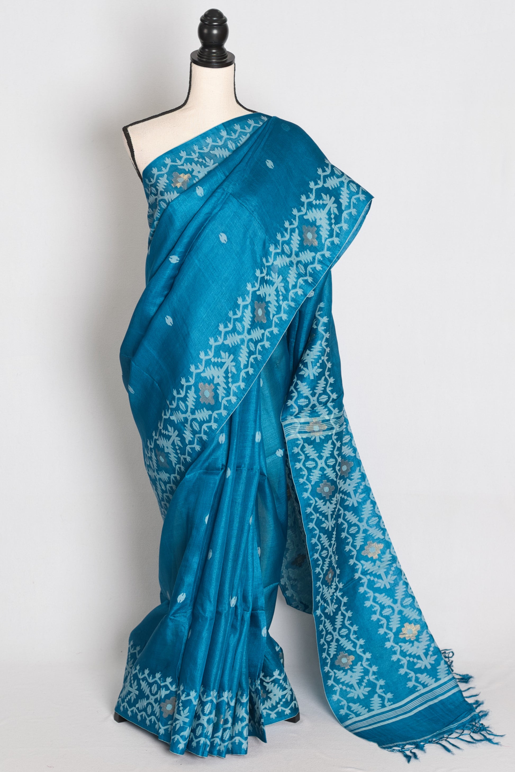 Meera Turquoise Blue Bengal Tussar Jamdani Silk Saree | Silk Mark Certified image 0