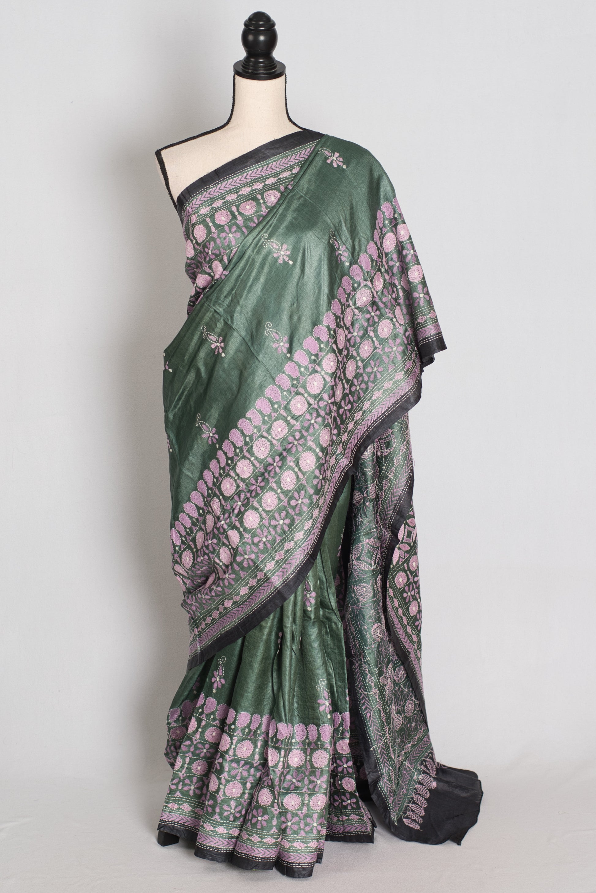 Sandhya : Green and Black Hand Embroidered Kantha Stitch Pure Tussar Silk Saree image 0