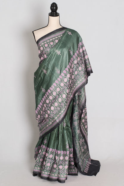 Sandhya : Green and Black Hand Embroidered Kantha Stitch Pure Tussar Silk Saree image 0
