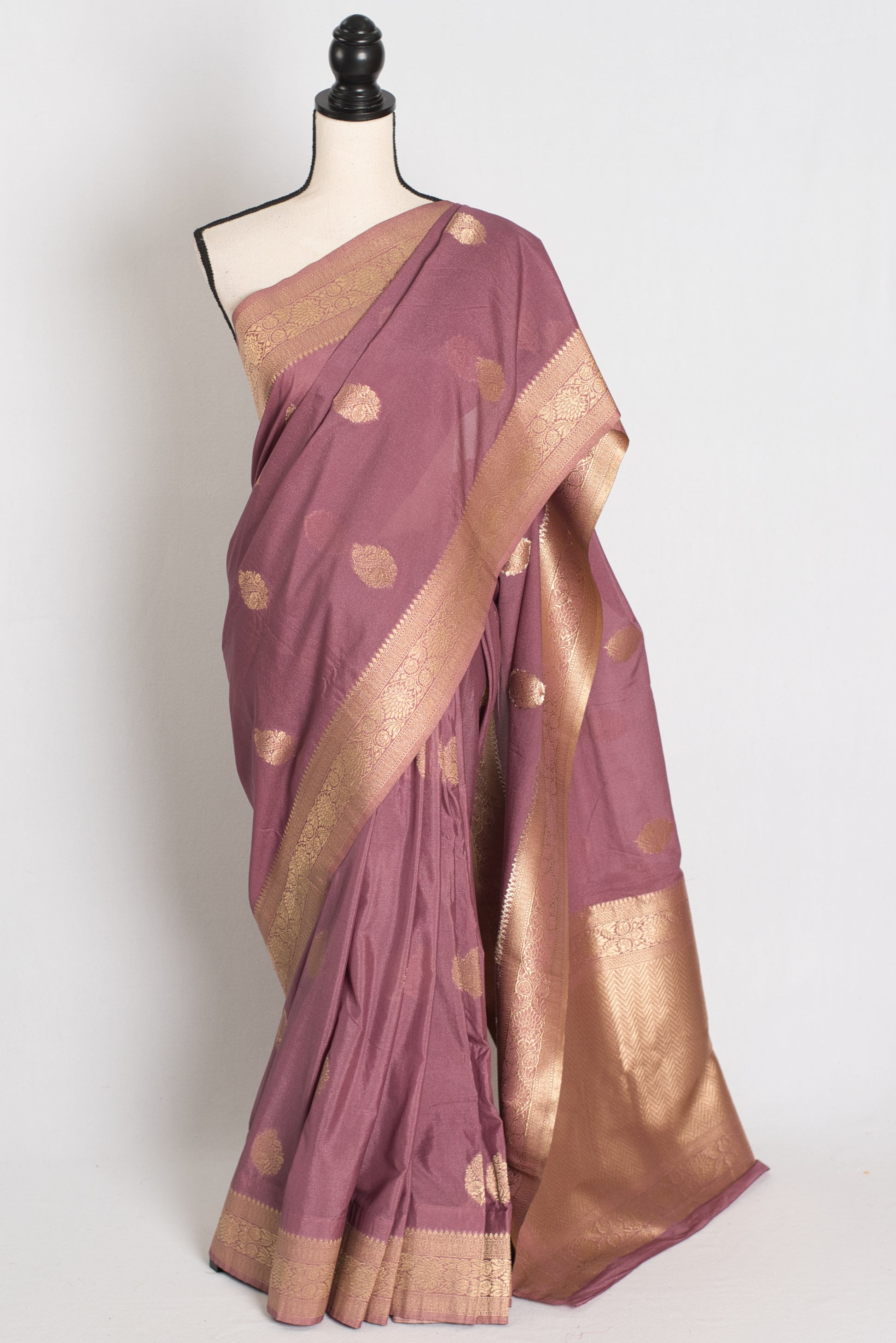 Naaz : Semi Crepe Silk Budget Friendly Banarasi Saree in Purple and Gold image 0