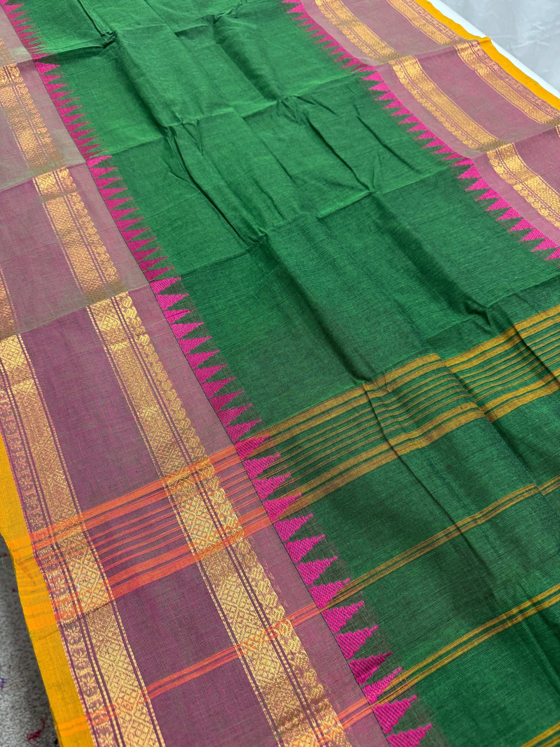 Janaki : Handwoven Kanchi Cotton Saree in Green and Matte Purple image 1