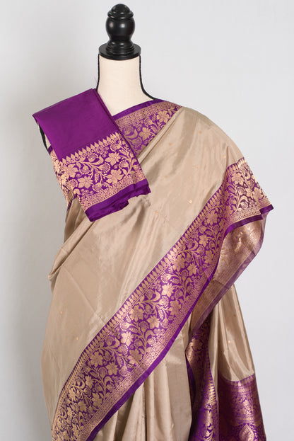 Isha : Certified Silk Banarasi Saree in Clay White and Purple image 2