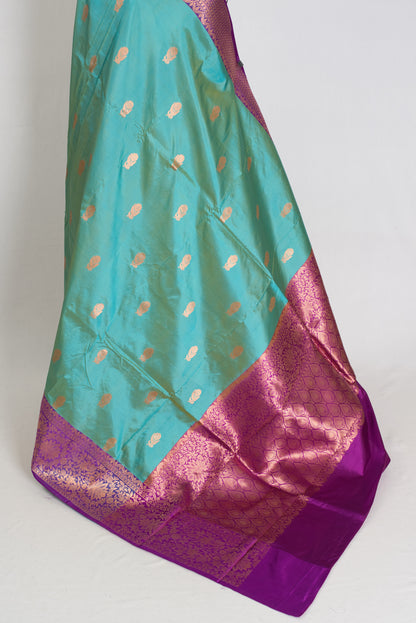 Neera | Cyan Blue & Royal Purple Silk Mark Certified Katan Banarasi Saree image 3