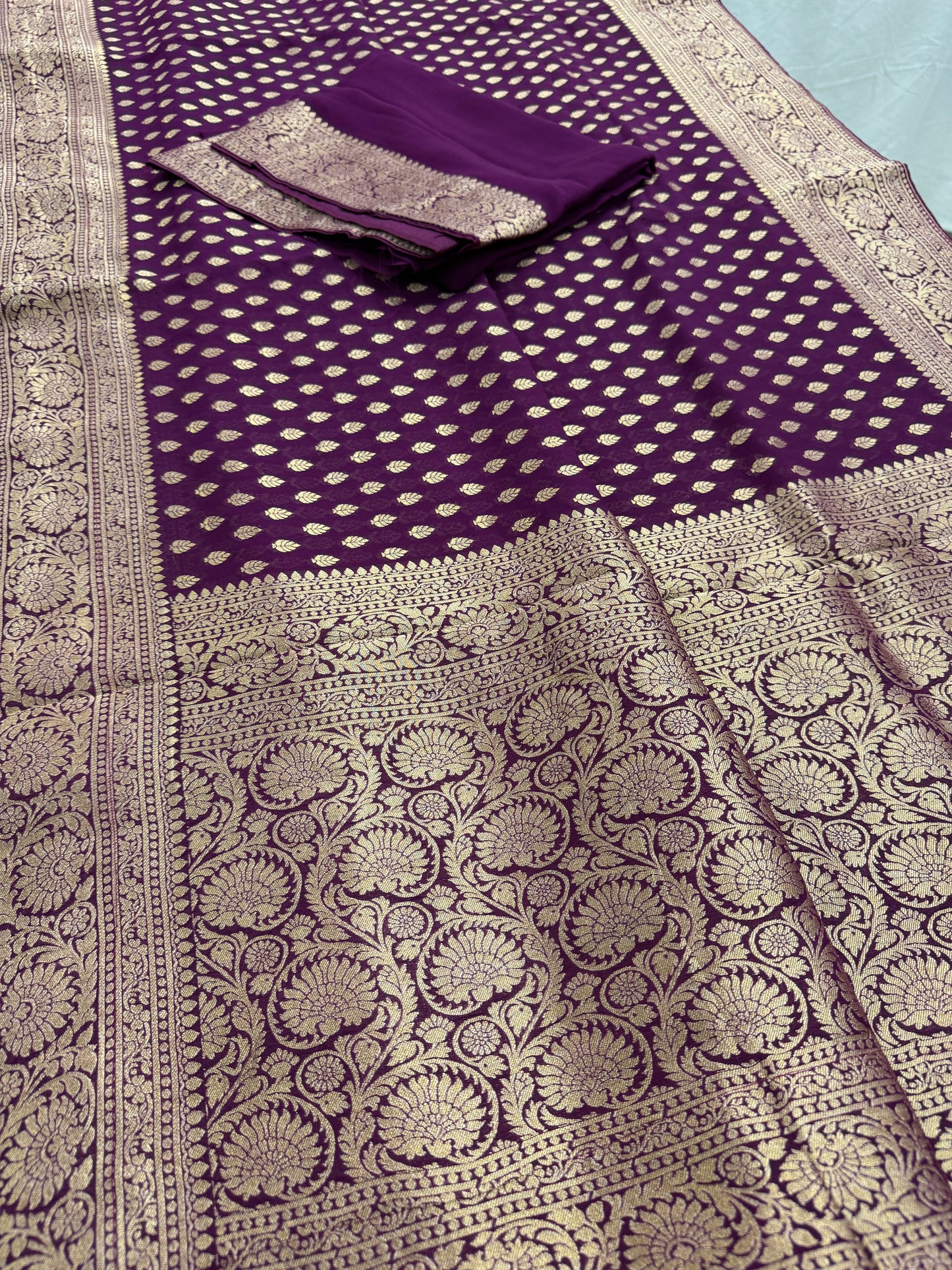 Trina : Wine and Gold Crepe Georgette Banarasi Saree image 2