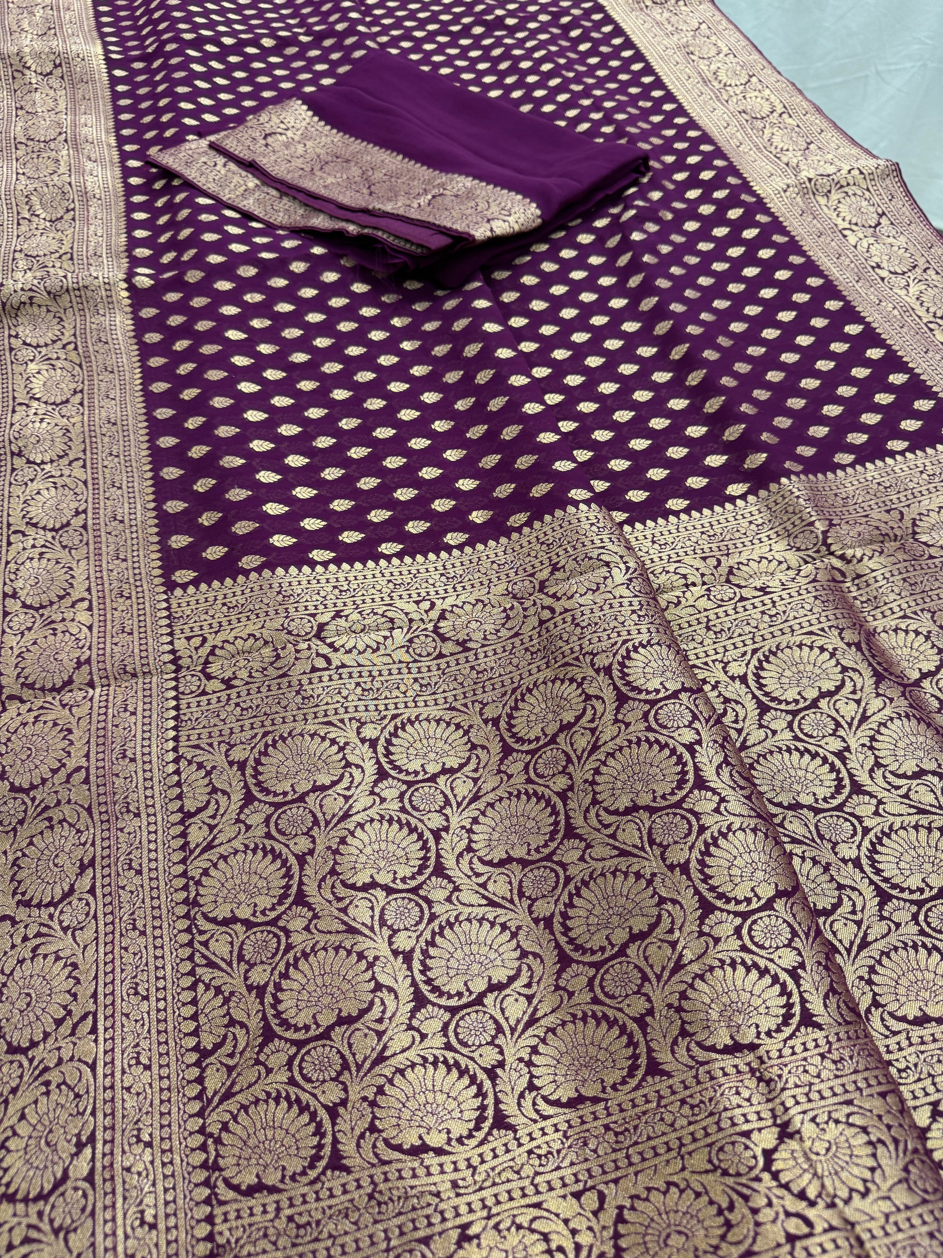 Trina : Wine and Gold Crepe Georgette Banarasi Saree image 2