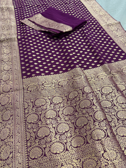 Trina : Wine and Gold Crepe Georgette Banarasi Saree image 2