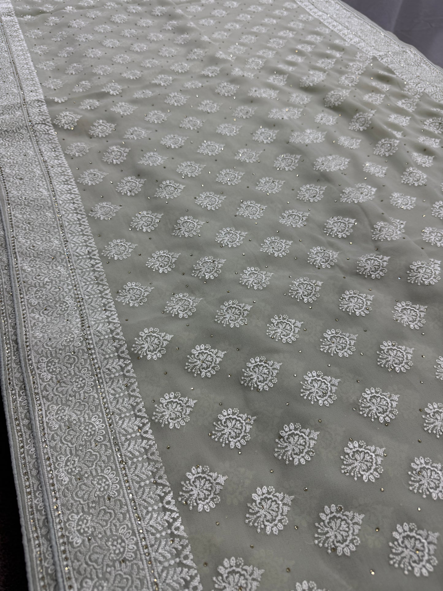 Medha | Sage Green Georgette Cocktail Saree | Elegant Pastel Floral Bootis image 3