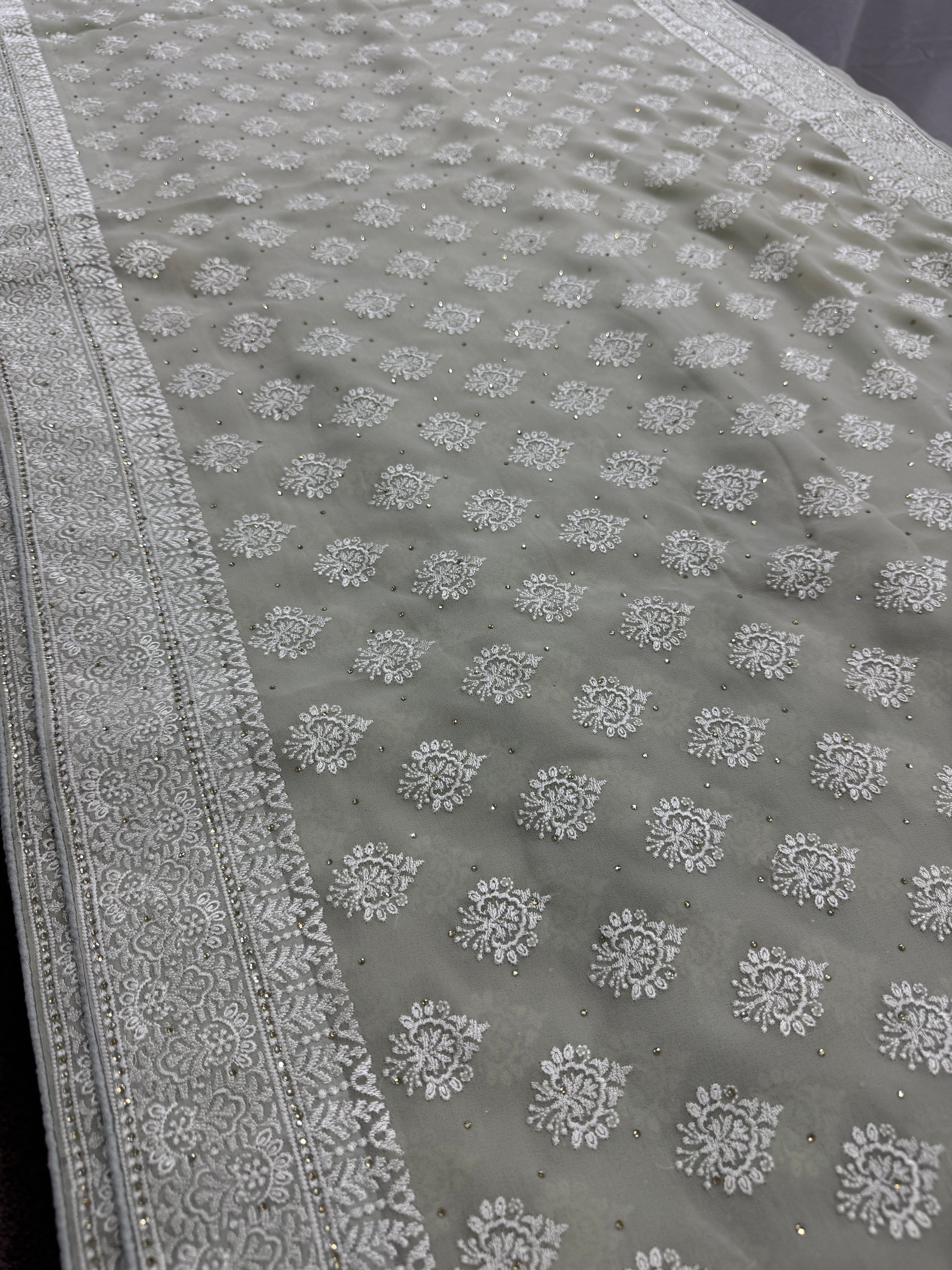 Medha | Sage Green Georgette Cocktail Saree | Elegant Pastel Floral Bootis image 3