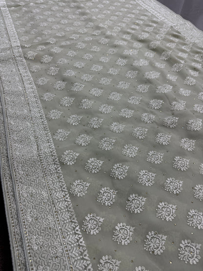 Medha | Sage Green Georgette Cocktail Saree | Elegant Pastel Floral Bootis image 3