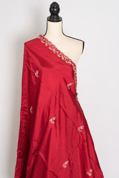 Afrin: Red Semi Satin Saree with Zardosi Hand Embroidery | Partywear image 4