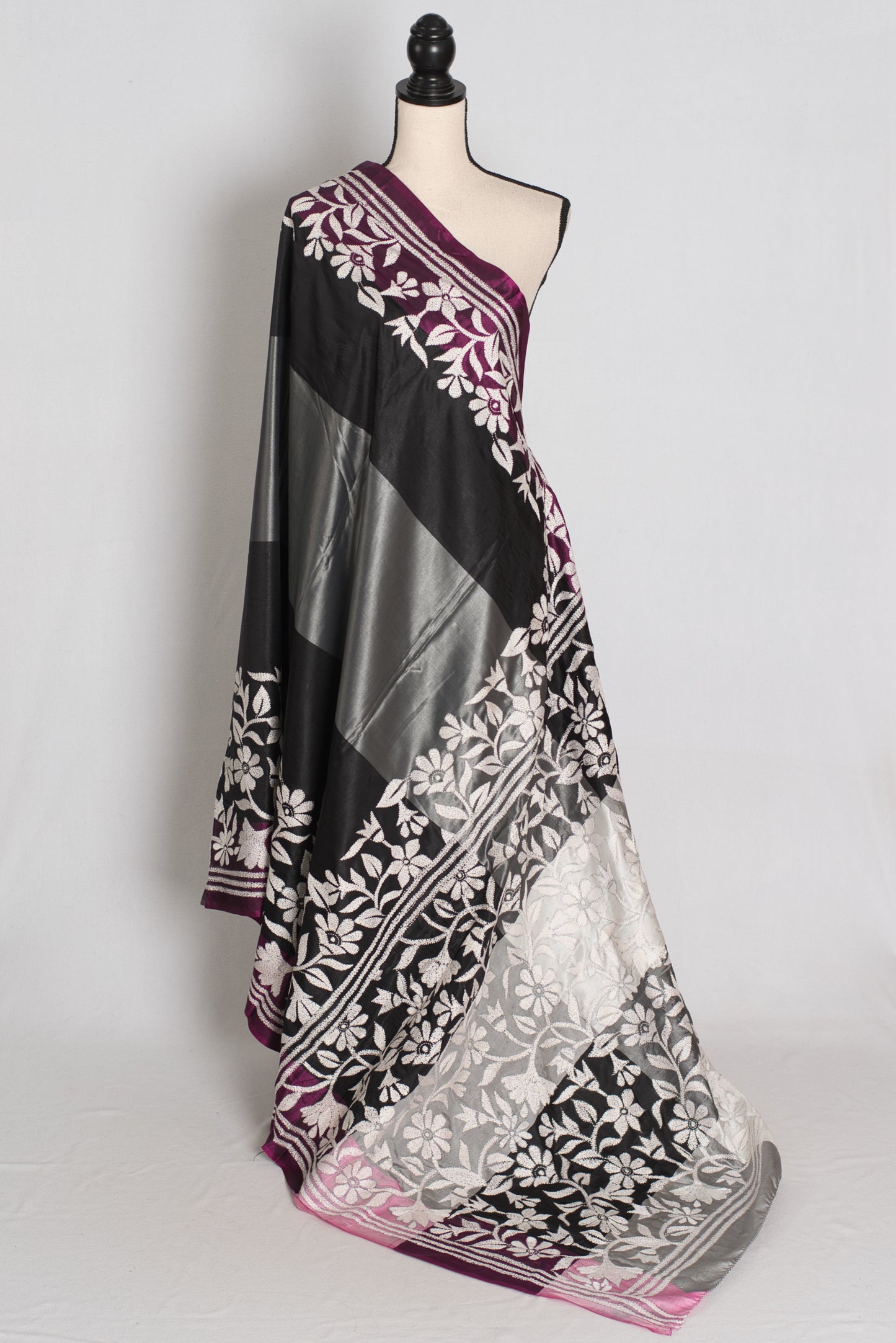 Neha : Black and Gray Hand Embroidered Kantha Stitch Semi Silk Saree image 1