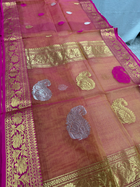 Prerna : Peach and Pink Semi Muslin Banarasi Saree image 0