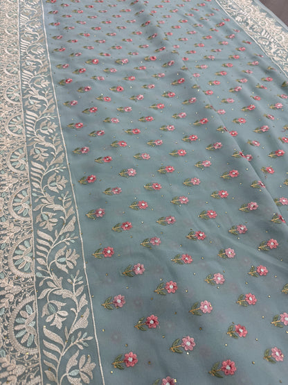 Grace | Sky Blue Georgette Partywear Saree | Pastel Floral Booti Embroidery image 4