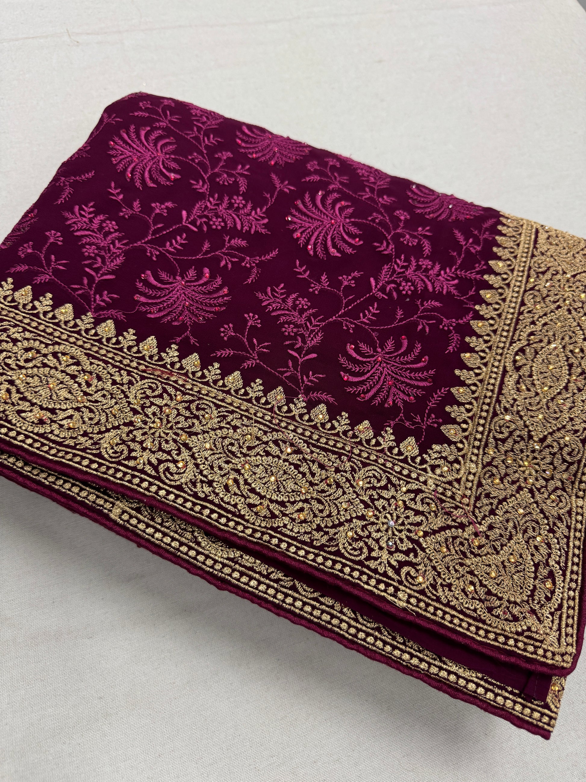 Ishq | Wine Georgette Partywear Saree | Trending Bollywood Floral Embroidery image 1