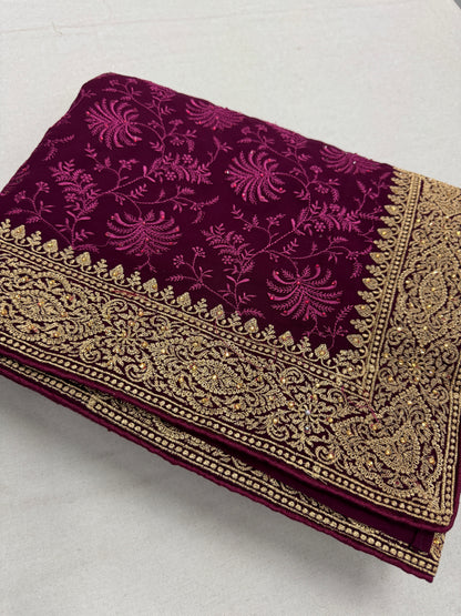 Ishq | Wine Georgette Partywear Saree | Trending Bollywood Floral Embroidery image 1