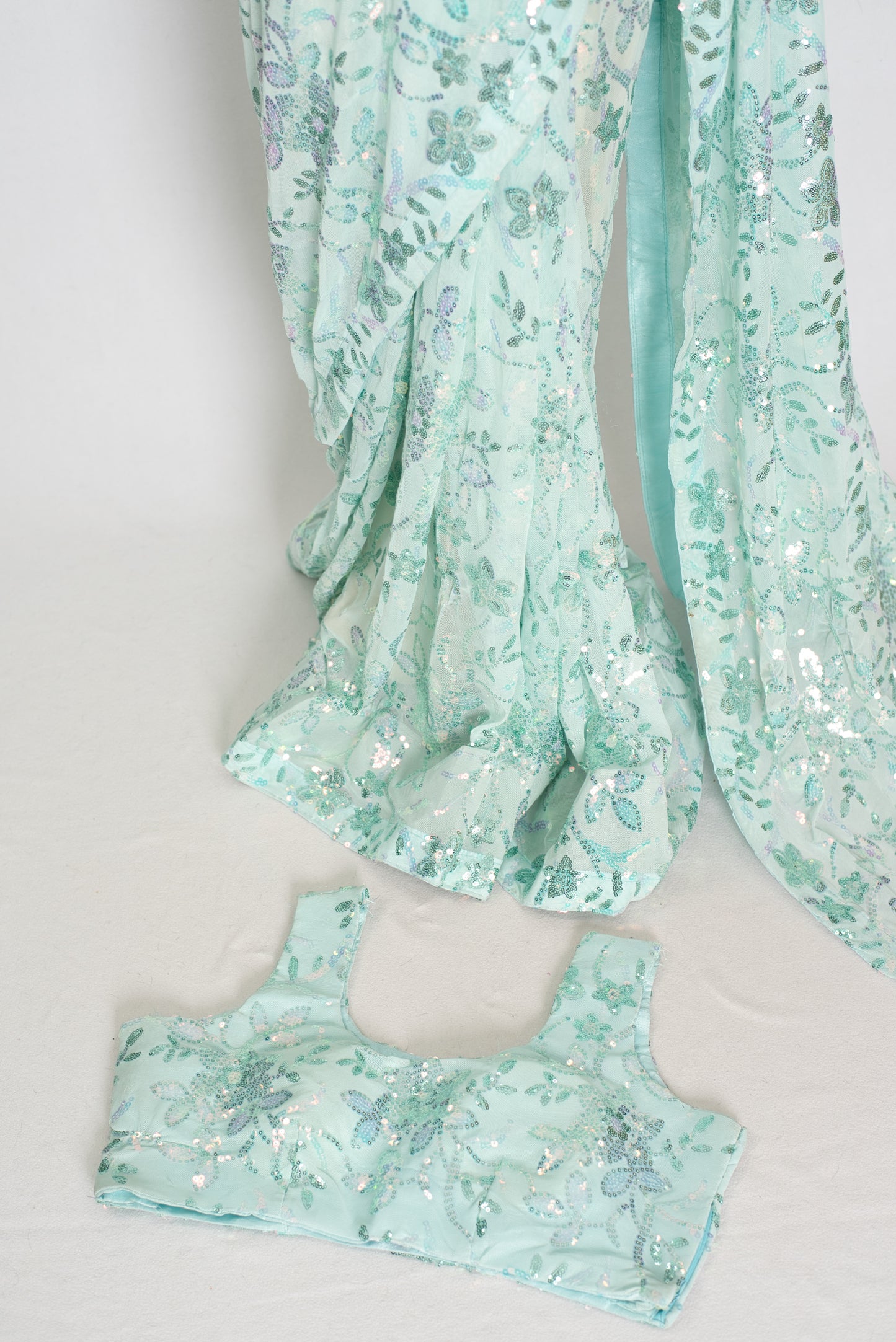 Ishq | Sea Green Soft Net Saree | Ready-To-Wear Set with Size 36 Stitched Blouse image 2