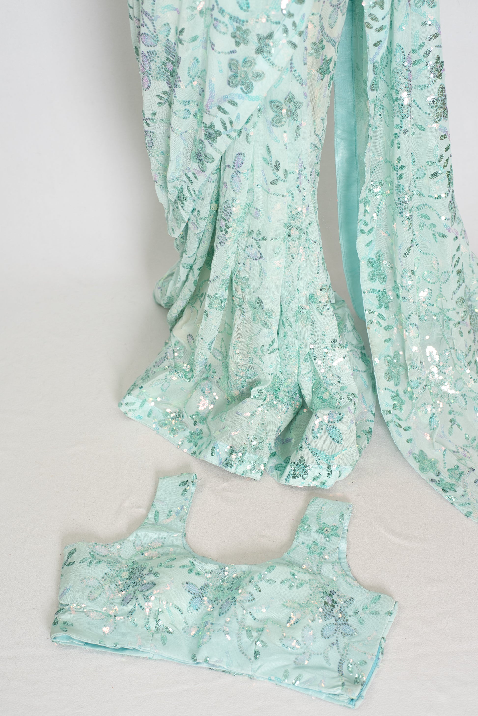 Ishq | Sea Green Soft Net Saree | Ready-To-Wear Set with Size 36 Stitched Blouse image 2