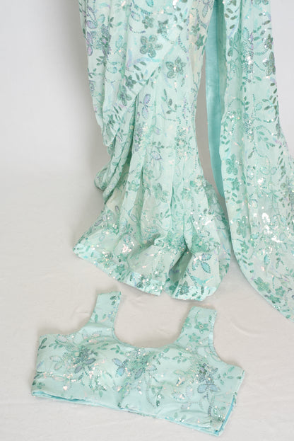 Ishq | Sea Green Soft Net Saree | Ready-To-Wear Set with Size 36 Stitched Blouse image 2
