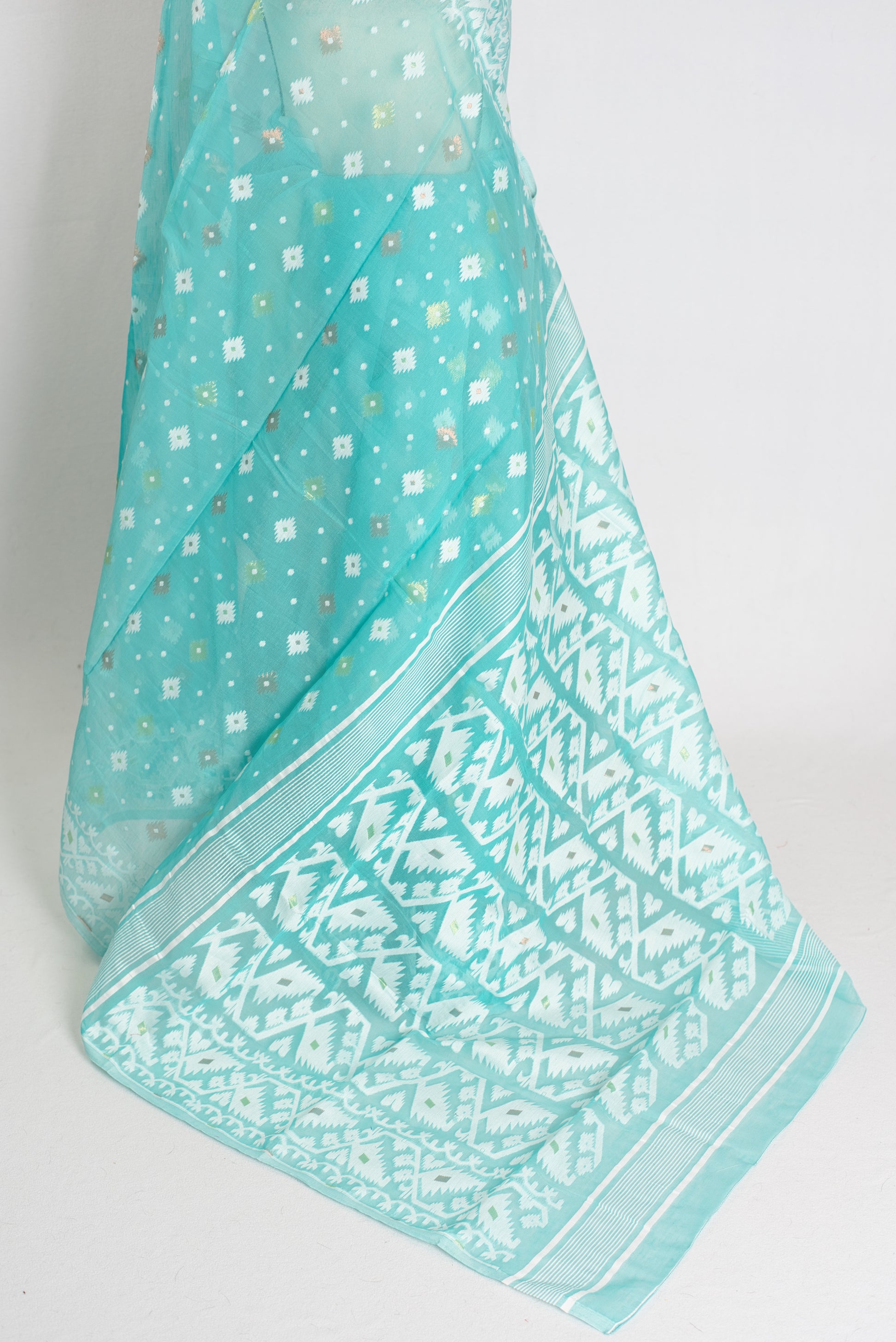 Subha : Sea Blue Blended Soft Cotton Jamdani Bengali Saree image 4