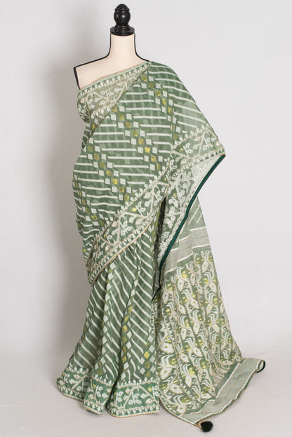 Heena – Soothing Green and White Blended Cotton Jamdani Saree image 0