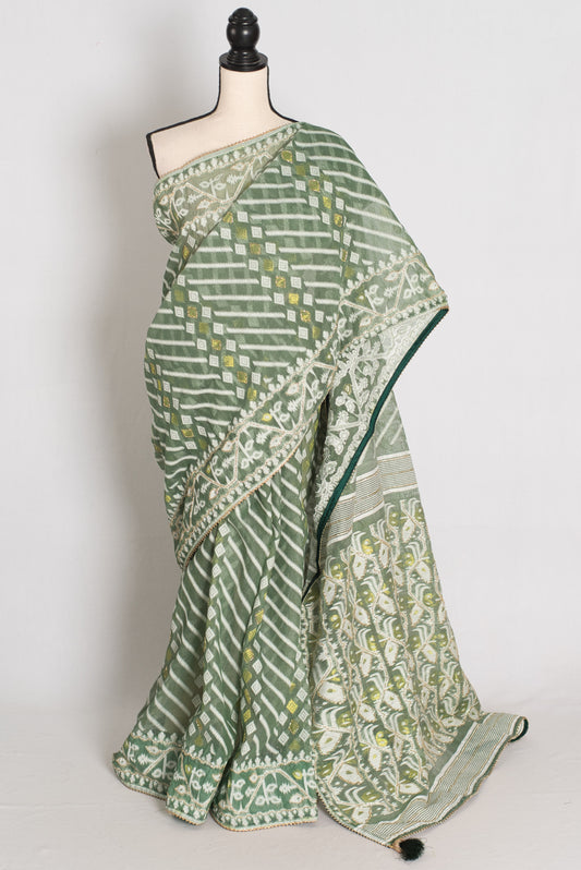Heena – Soothing Green and White Blended Cotton Jamdani Saree image 0