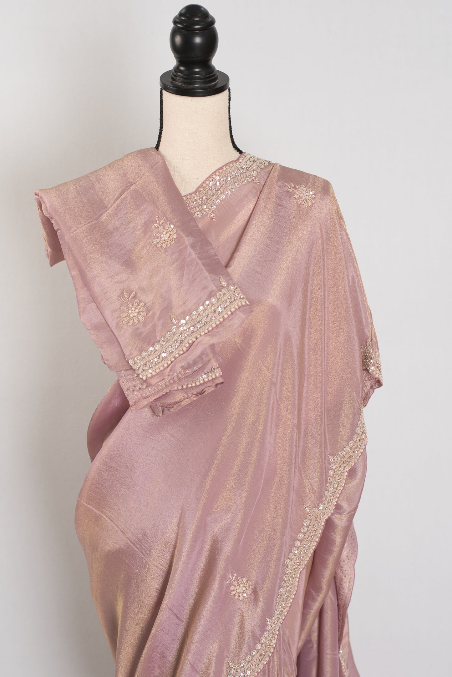 Noor | Soft Tissue Pastel Mauve Designer Saree with Handwork Pearl Border image 2
