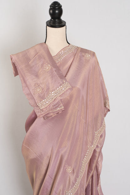 Noor | Soft Tissue Pastel Mauve Designer Saree with Handwork Pearl Border image 2