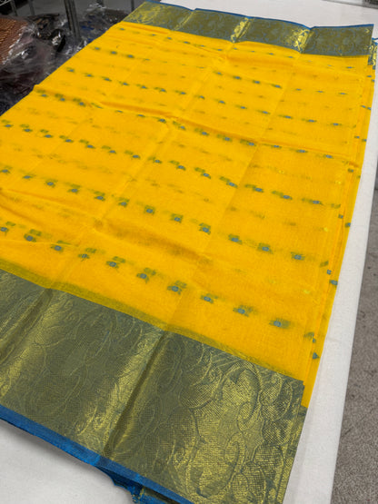 Yellow and Blue Tant saree — pallu view