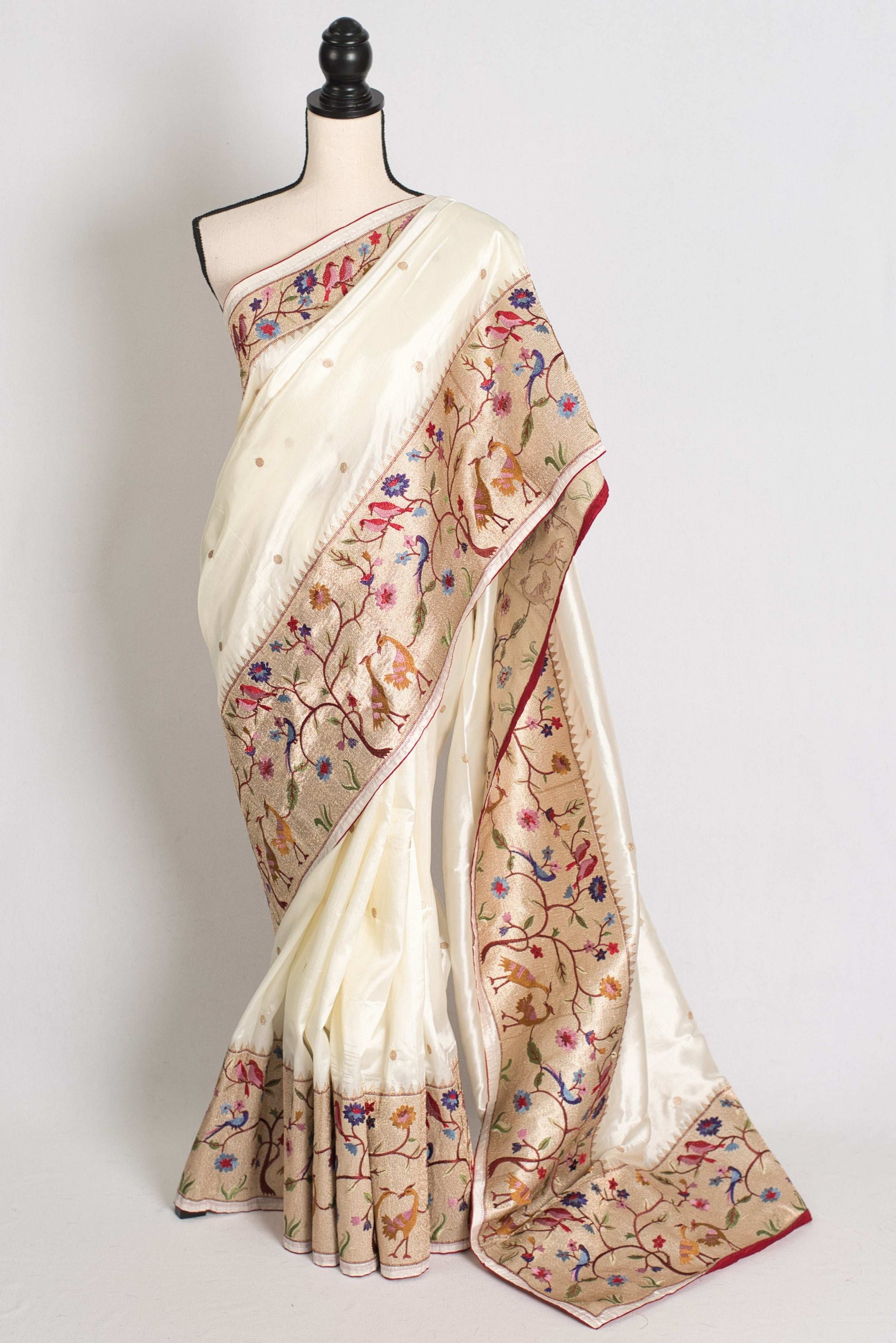 Sandhi : Semi Tussar Silk Embroidered Designer Saree in Off White and Gold image 0