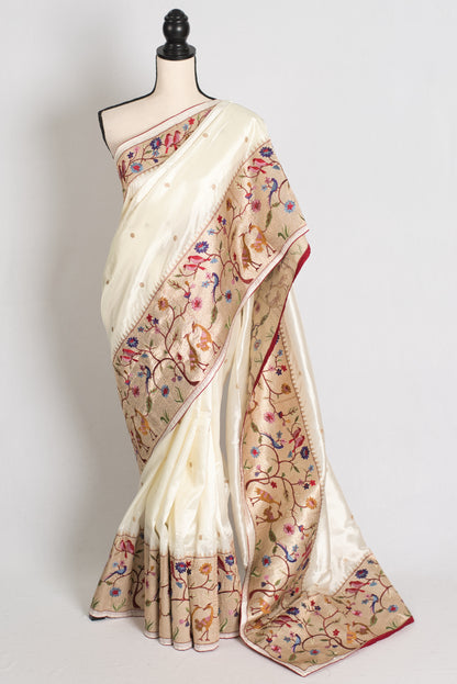 Sandhi : Semi Tussar Silk Embroidered Designer Saree in Off White and Gold image 0