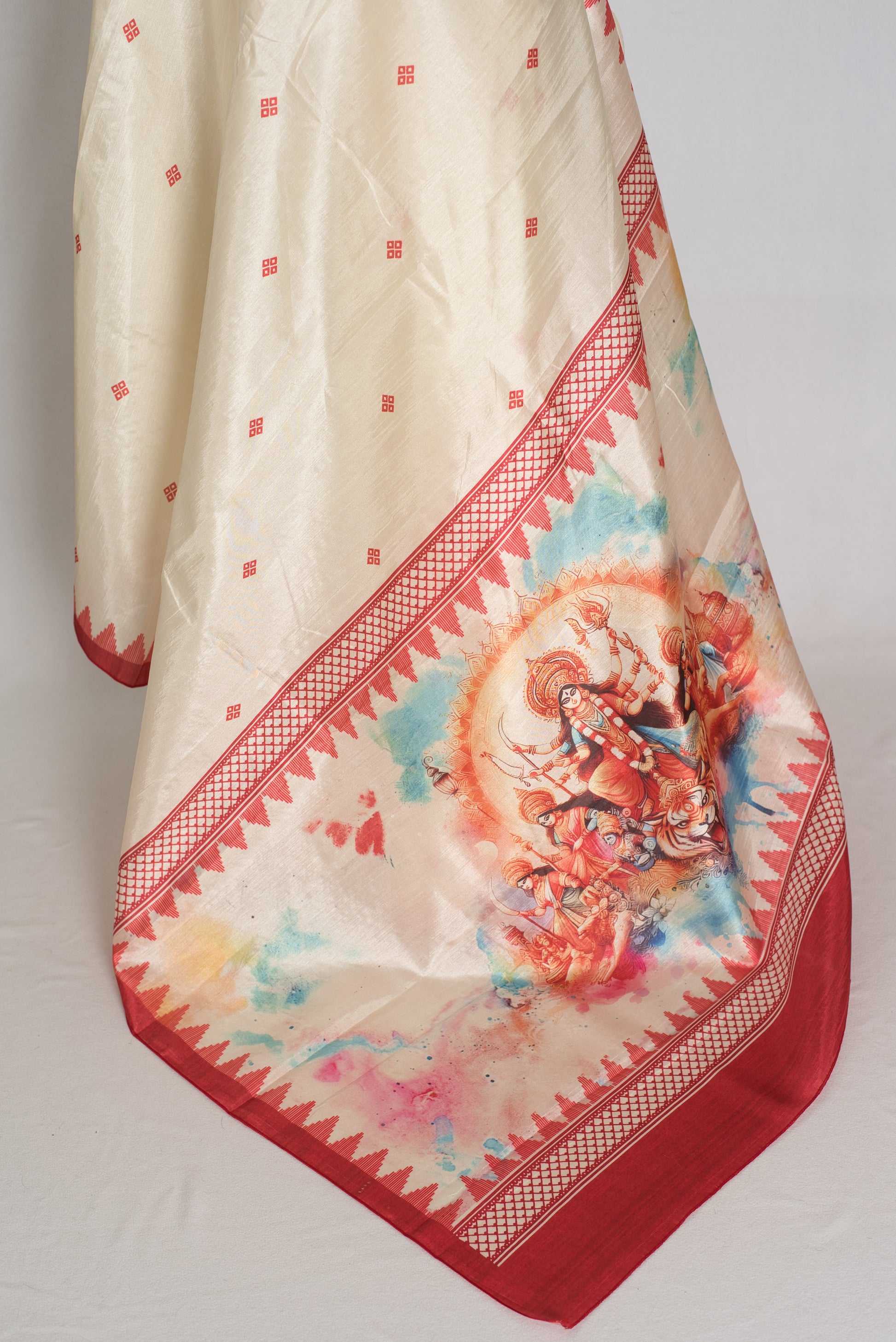 Gauri: Traditional Cream and Red Semi Silk Durga Puja Saree with Durga Pallu image 3