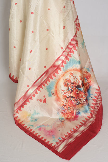 Gauri: Traditional Cream and Red Semi Silk Durga Puja Saree with Durga Pallu image 3