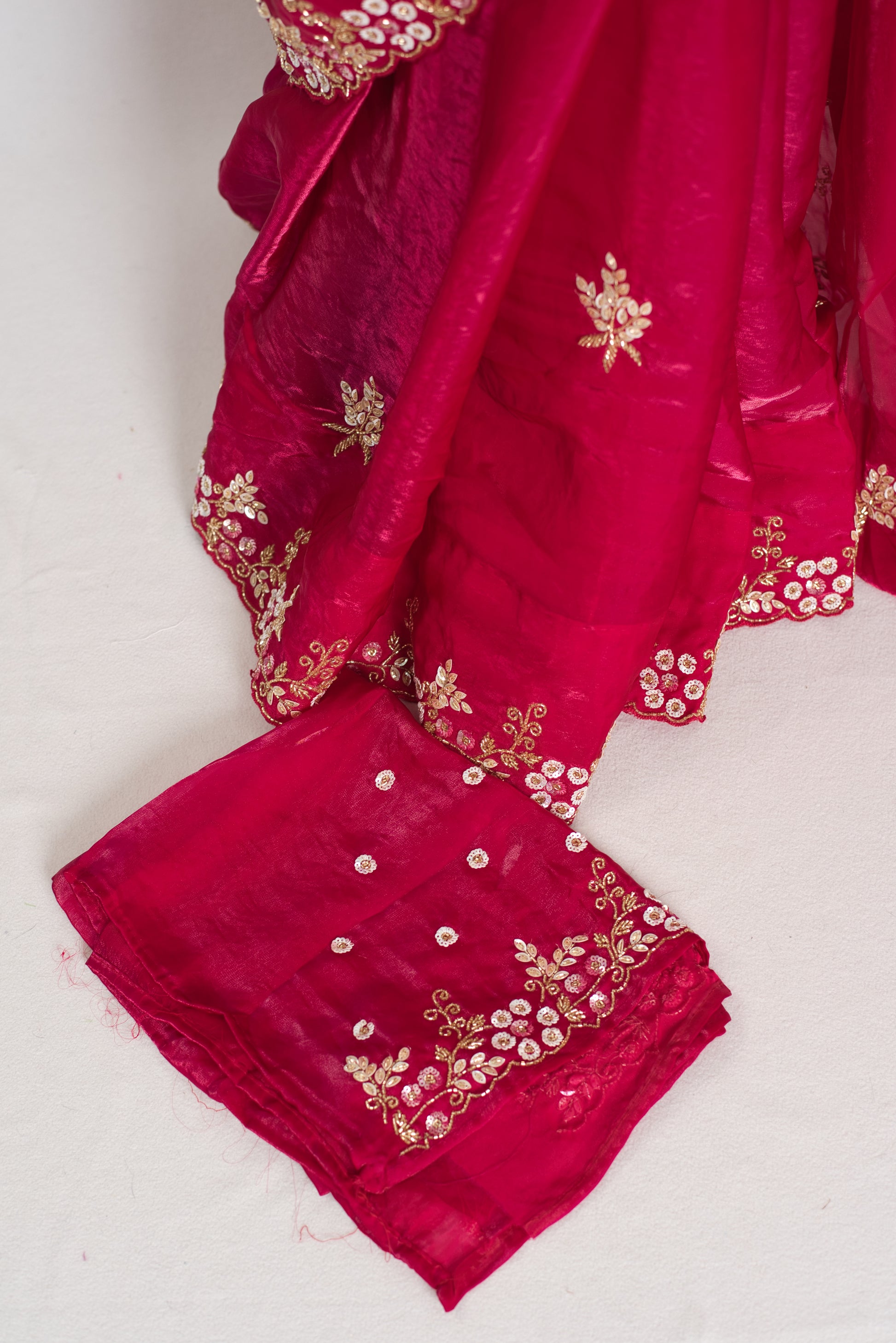 Devina : Rani Pink Soft Glass Tissue Hand Embroidery Partywear Saree image 3