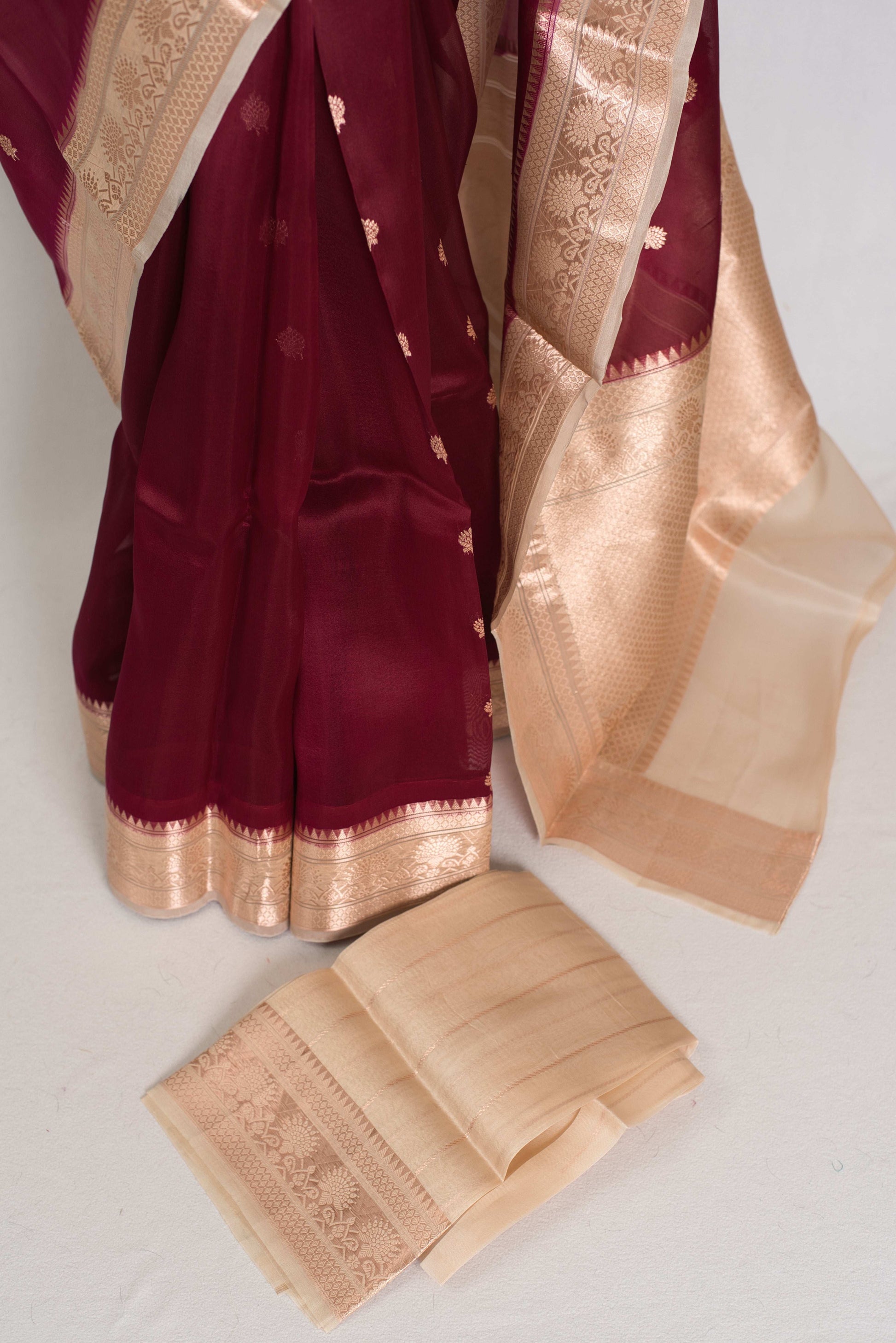 Anuya : Silk Mark Certified Wine and Beige Organza Banarasi Saree image 2