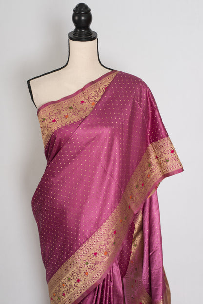 Indrani | Purplish Pink Semi Mashru Banarasi Saree | Pre-Stitched Size 36 Blouse image 7