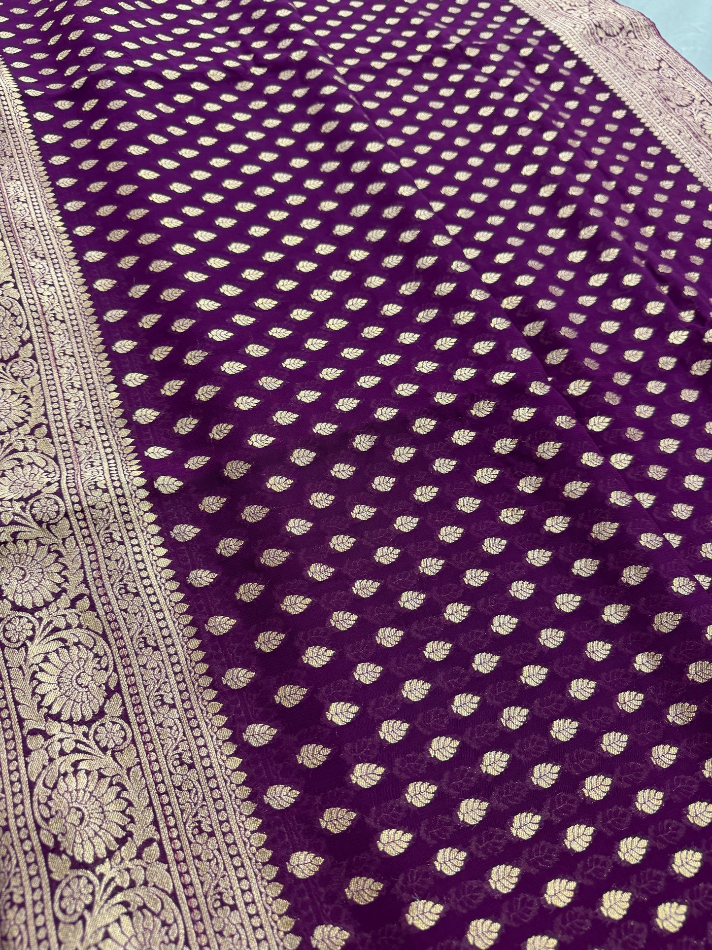 Trina : Wine and Gold Crepe Georgette Banarasi Saree image 4