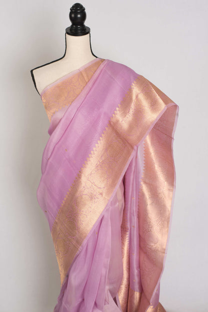 Afrin : Silk Mark Certified Mauve Kora Organza Banarasi Saree with Golden Zari image 6