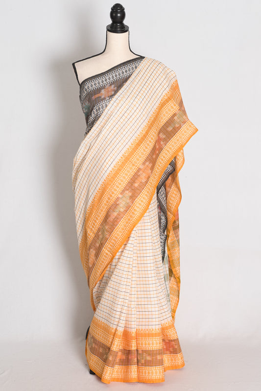 Mala: White Soft Cotton Dhaniakhali Saree with Ganga Jamuna Border image 0