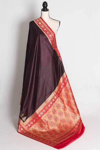 Neha: Coffee Brown and Red Semi Mashru Valkalam Banarasi Saree image 1