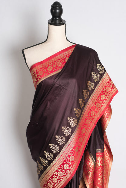 Neha: Coffee Brown and Red Semi Mashru Valkalam Banarasi Saree image 3