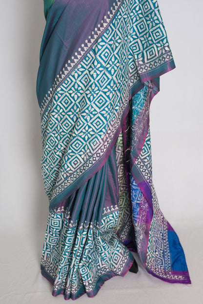 Kavitha : Tri-Color Hand Embroidered Kantha Stitch Bishnupur Blended Silk Saree image 5