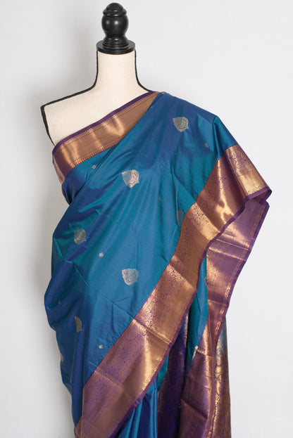 Nithya : Peacock Blue & Purple Contrast Semi Silk Kanjivaram Saree image 5