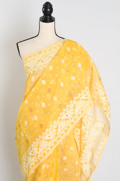 Giri : Soft Yellow and White Blended Soft Cotton Jamdani Bengali Saree image 4