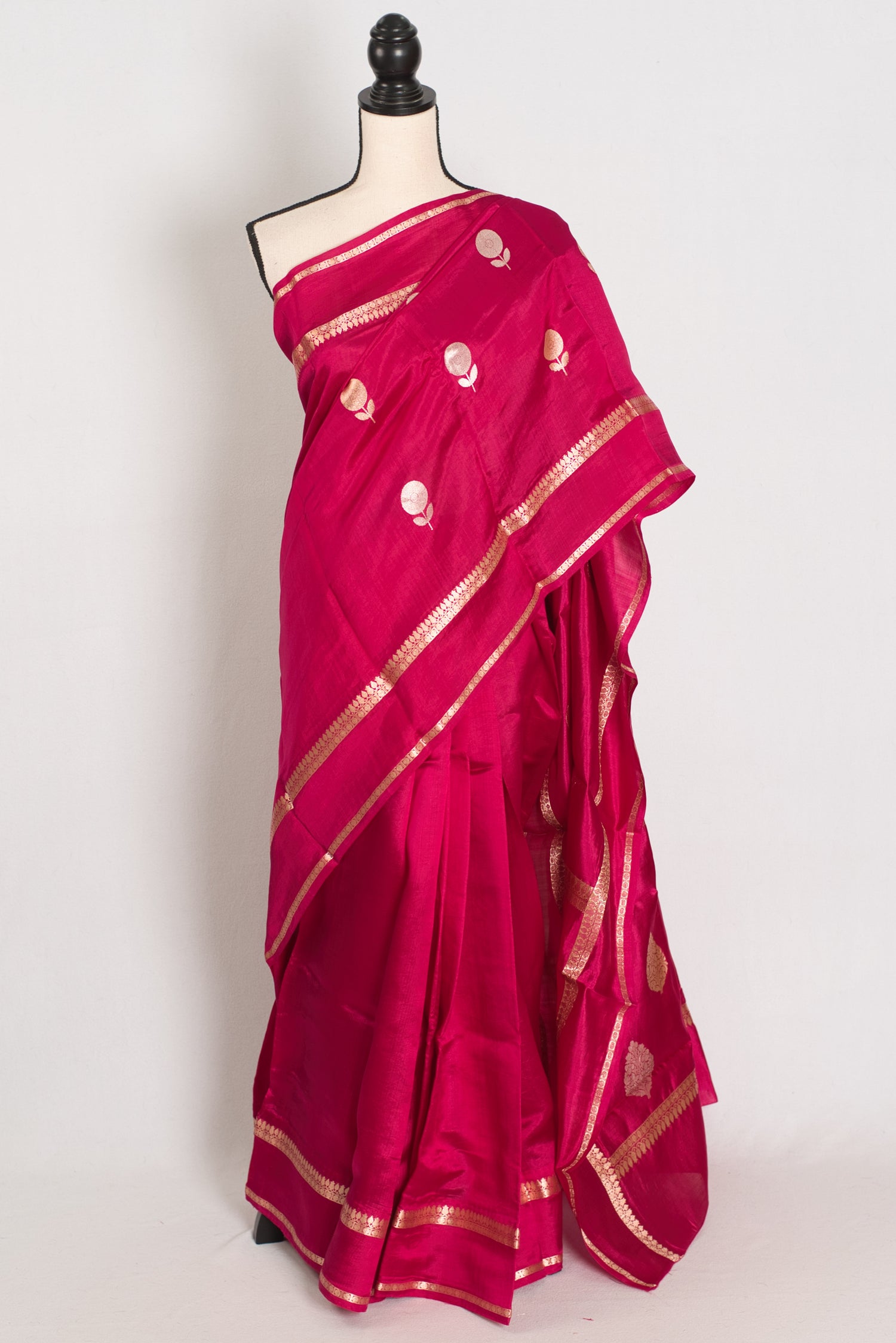 Gauri: Dark Pink Pure Katan Silk Banarasi Saree with Gold & Silver Zari Motifs image 0