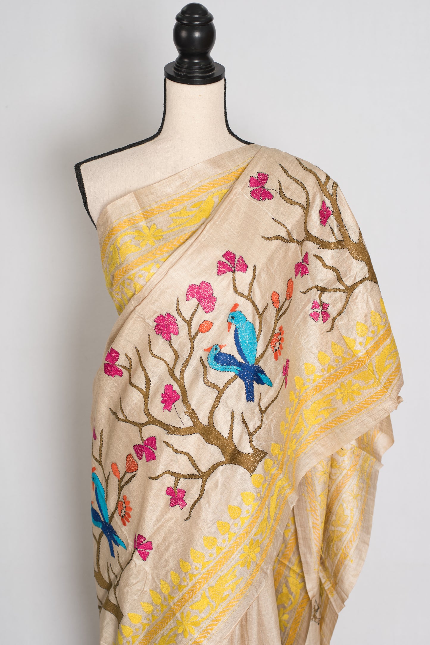 Srija : Beige and Yellow Hand Embroidered Kantha Stitch Pure Gachi Tussar Saree image 6