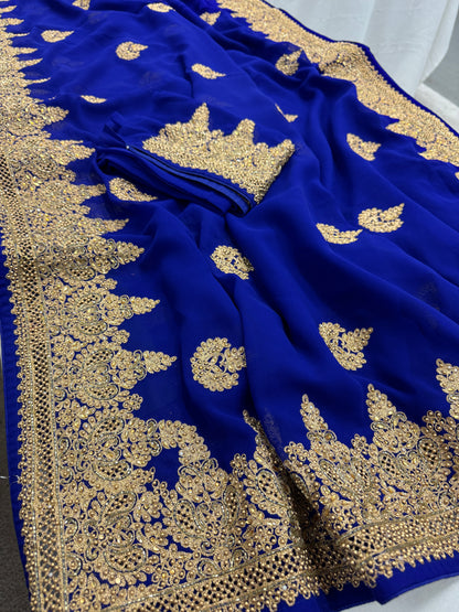 Tanima | Royal Blue and Gold Georgette Bridal Saree | Bollywood Partywear image 1